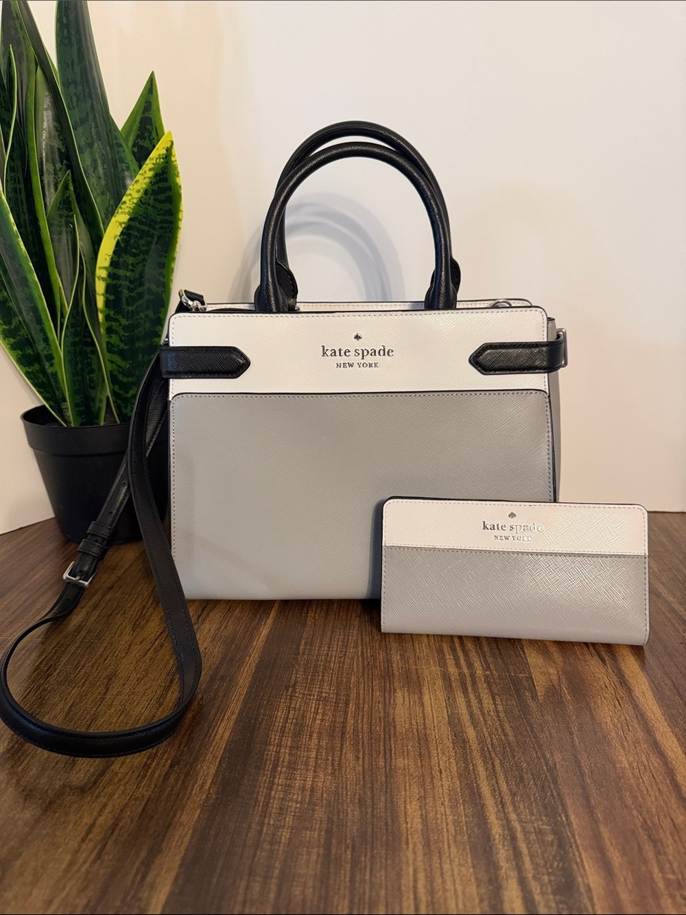 kate spade Two-Tone Gray, White & Black Structured Satchel with Wallet